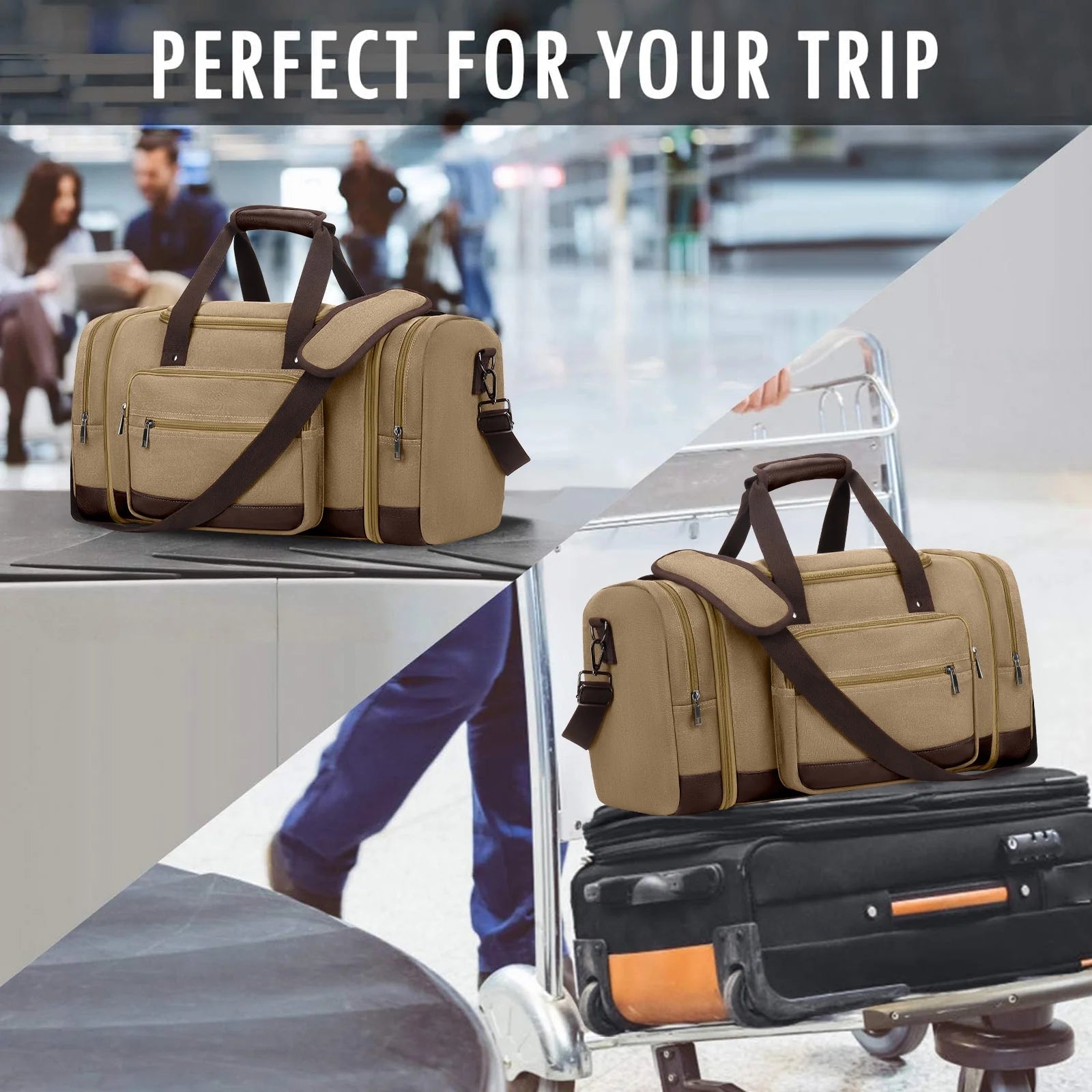 Duffle Bag for Travel Bag 46L Large Expendable Duffle Bags for Men Weekender Bag with Trolly Sleeve for Business Trip Travel Camp Gym, Khaki