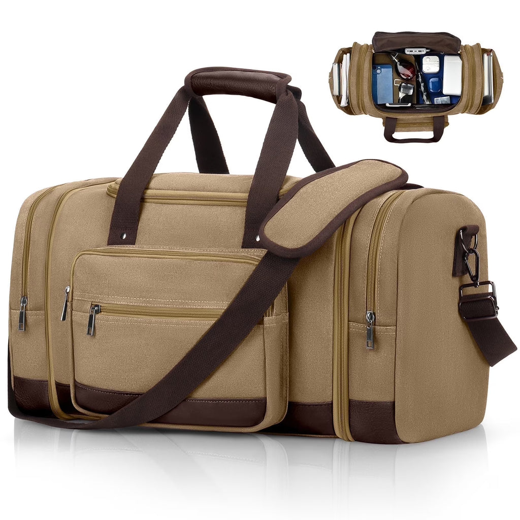 Duffle Bag for Travel Bag 46L Large Expendable Duffle Bags for Men Weekender Bag with Trolly Sleeve for Business Trip Travel Camp Gym, Khaki