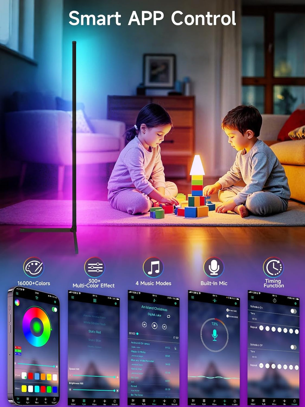 Corner Floor Lamp, RGB LED Corner Lamp with Music Sync, Smart App and Remote Con