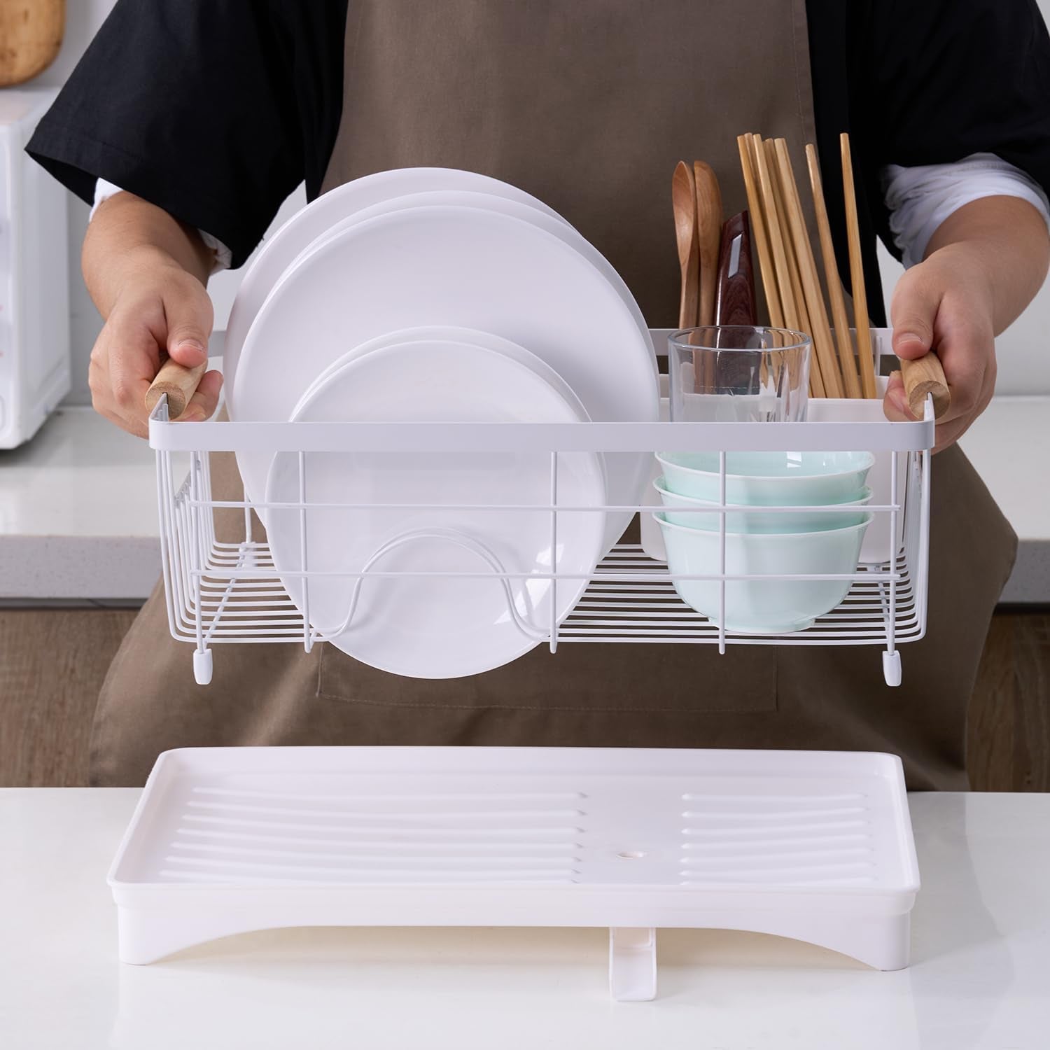 Dish Drainer Rack - Plate, Cutlery, Pots, and Pans Drying Rack for Kitchen with Beechwood Handles - Modern Retro Design Drip Tray with Metal Rack - White