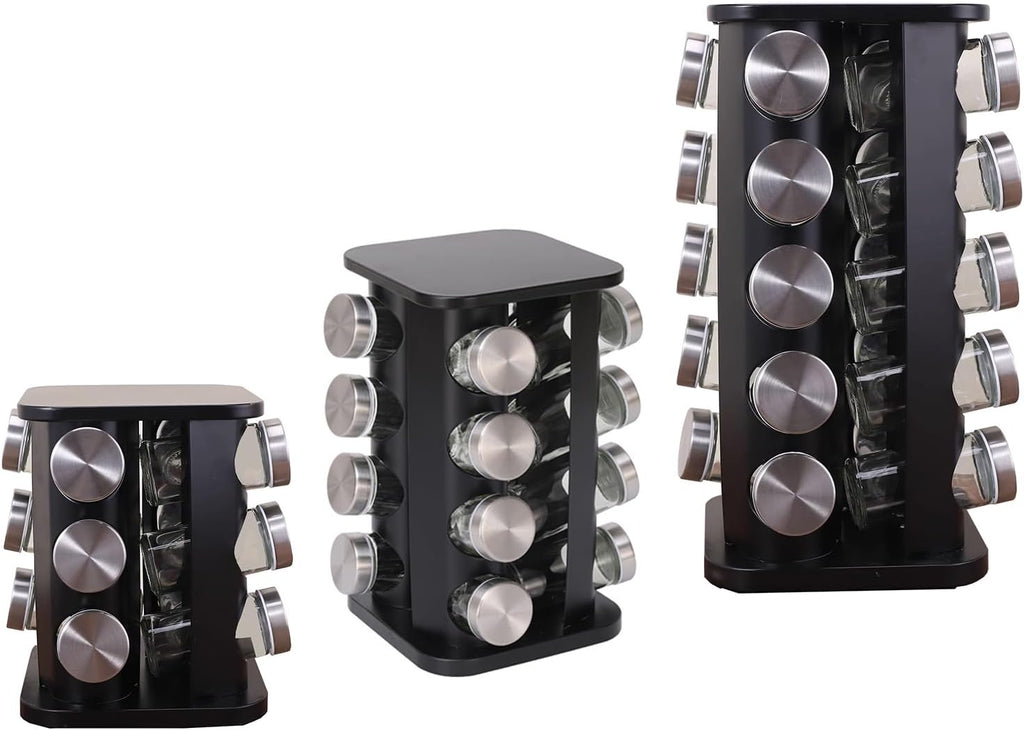 Spice Rack, Spice Rack Organizers for Countertop, Rotating Countertop Spice Rack, Revolving Spice Rack for Kitchen, Kitchen Gadgets, Organizer Rack with Spice Jars (Black, Squarehead_12Jars)