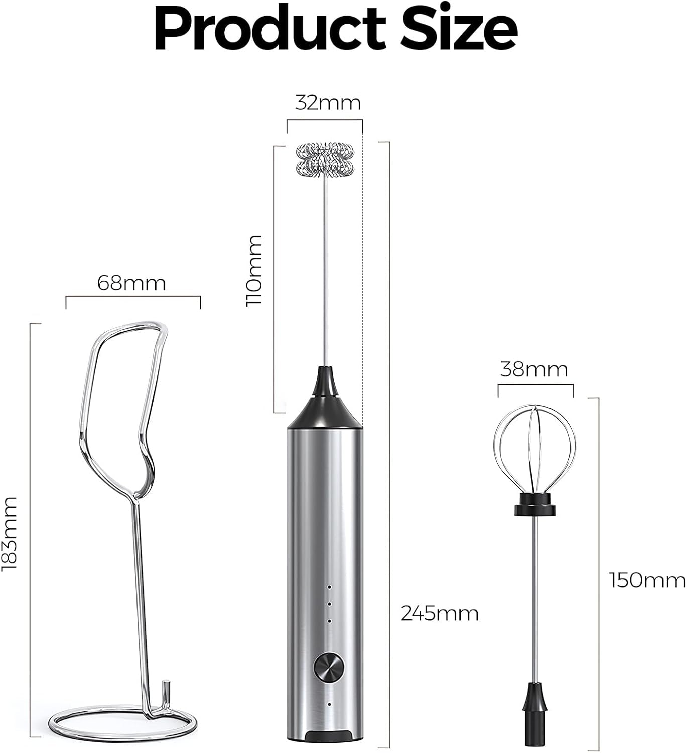 Rechargeable Milk Frother with Stand, Coffee Frother Stirrer Wand, Handheld Drink Mixer with Stainless Steel Whisk, Electric Whisk Foam Maker for Lattes, Cappuccino, Matcha, Protein Powder