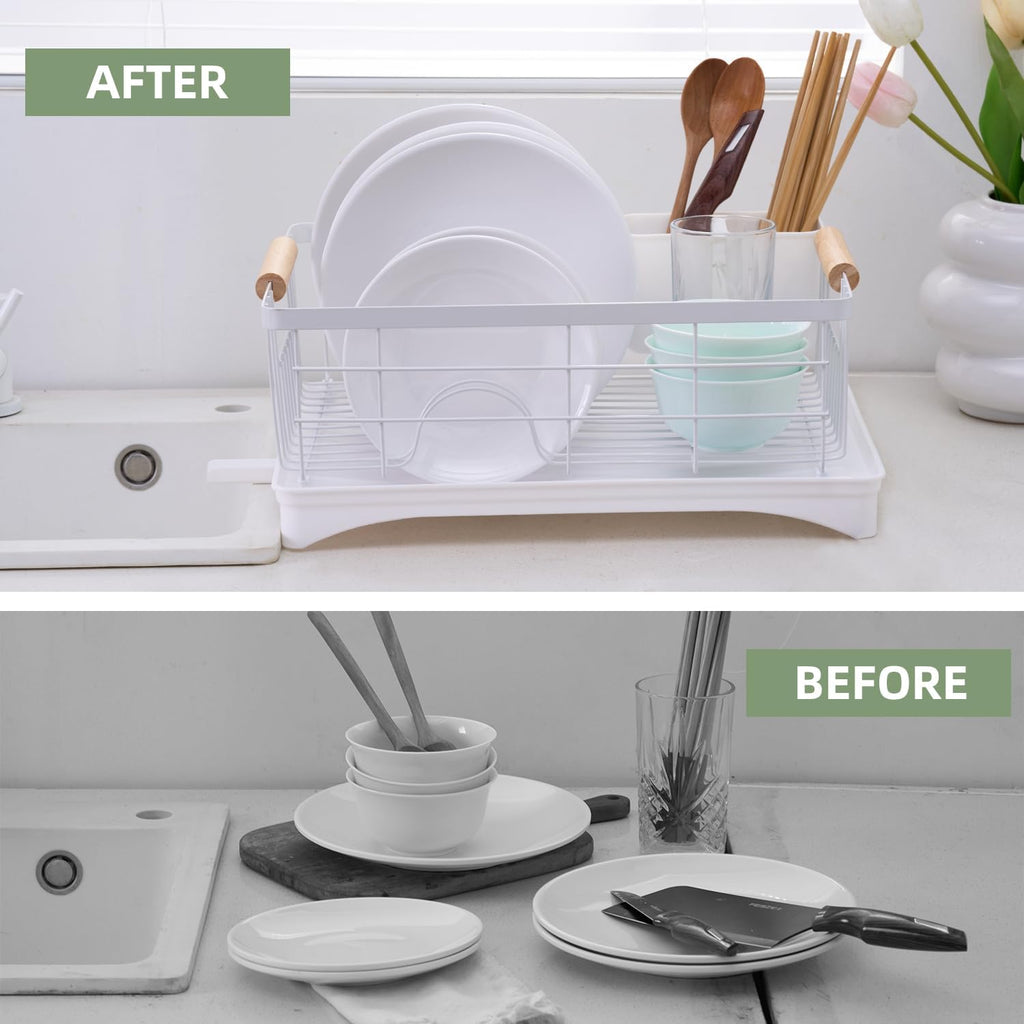 Dish Drainer Rack - Plate, Cutlery, Pots, and Pans Drying Rack for Kitchen with Beechwood Handles - Modern Retro Design Drip Tray with Metal Rack - White