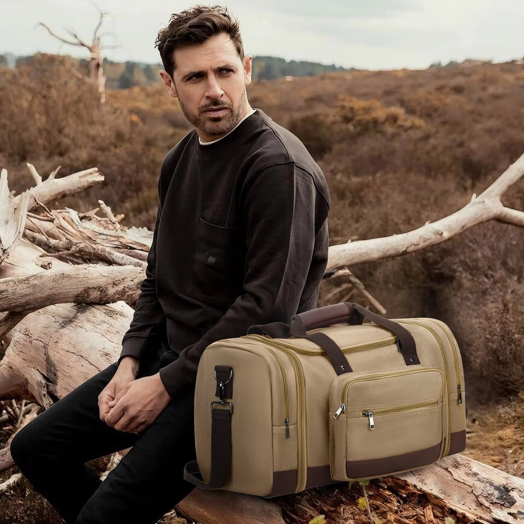 Duffle Bag for Travel Bag 46L Large Expendable Duffle Bags for Men Weekender Bag with Trolly Sleeve for Business Trip Travel Camp Gym, Khaki