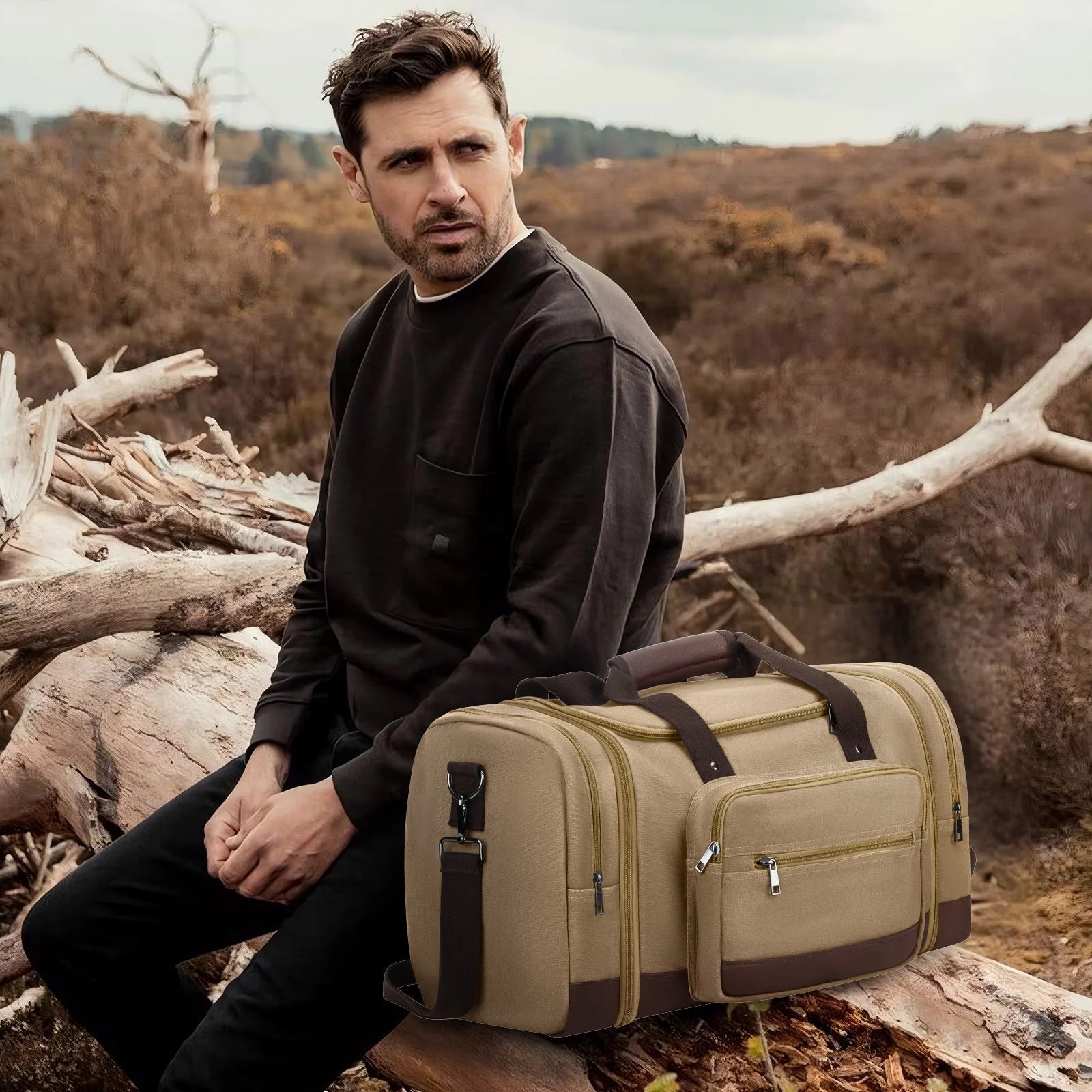 Duffle Bag for Travel Bag 46L Large Expendable Duffle Bags for Men Weekender Bag with Trolly Sleeve for Business Trip Travel Camp Gym, Khaki