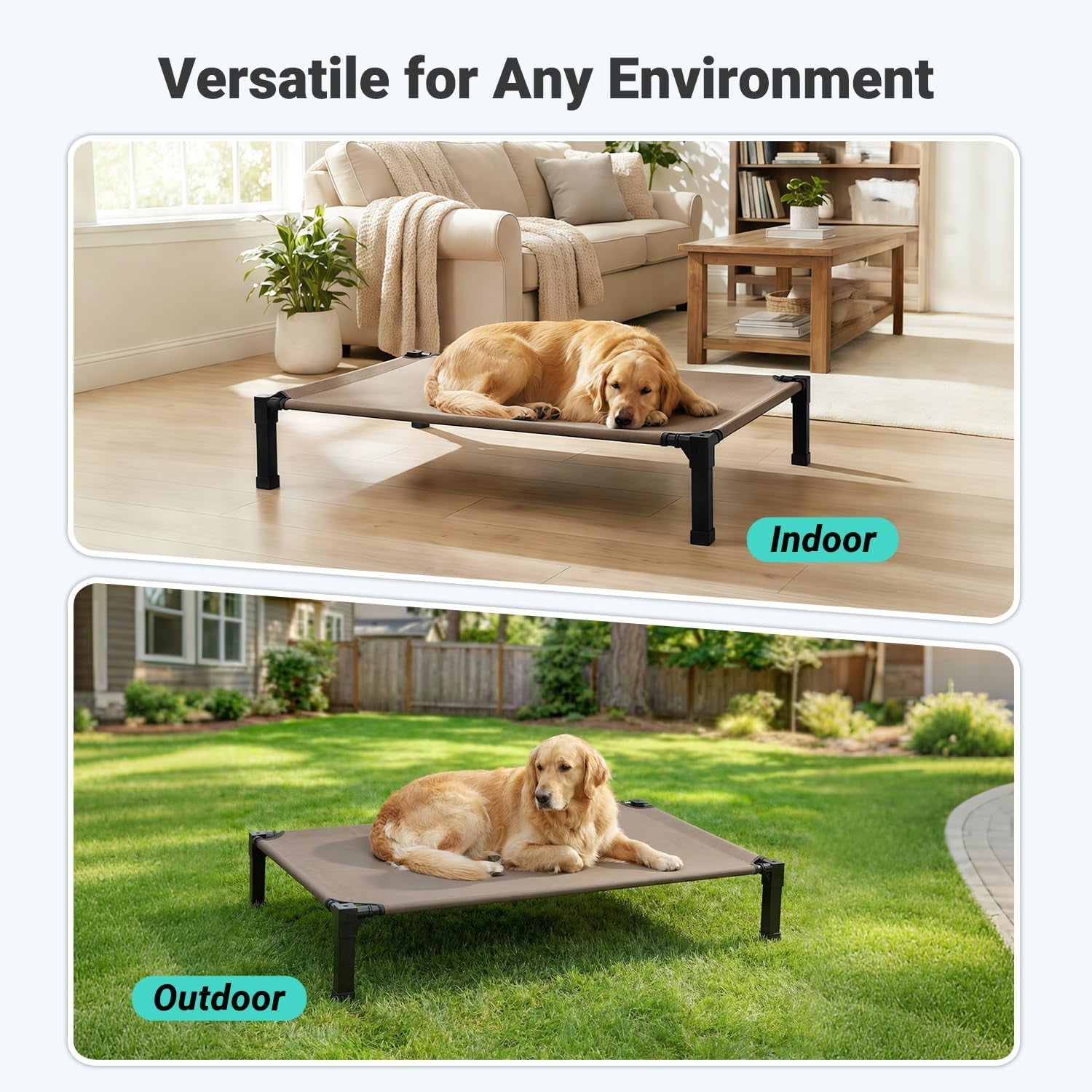 Elevated Outdoor Dog Bed, Cooling Elevated Pet Cot, Steel-Framed and Non-Slip Feet, Raised Dog Bed with Waterproof, Washable, Breathable Teslin Mesh, 35In