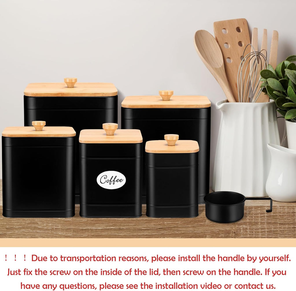 5 Pcs Black Kitchen Canisters for Countertop with Labels Airtight Metal Containers Coffee Tea Sugar Flour Jars with Spoon Farmhouse Big Food Storage Set for Kitchen