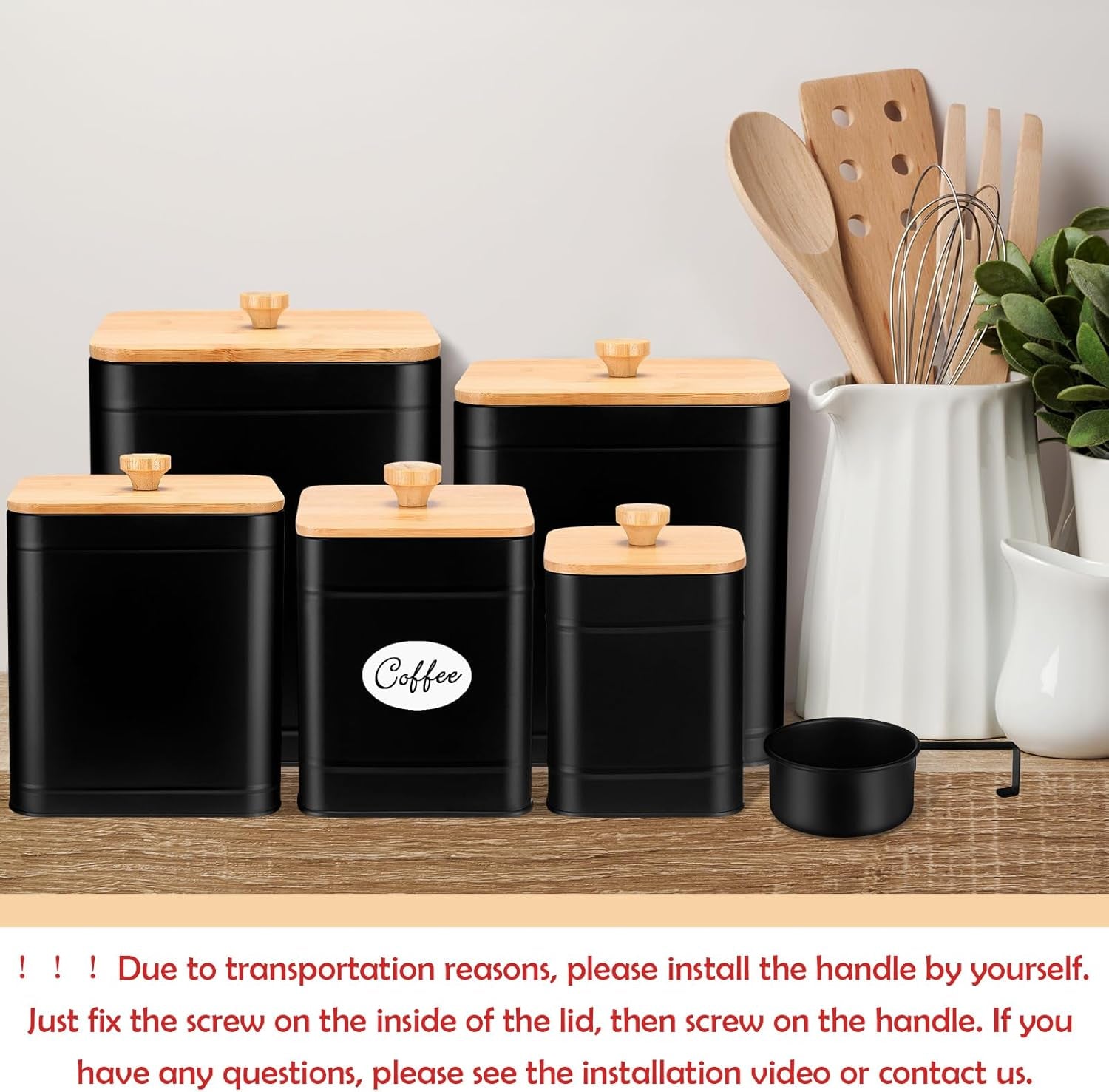 5 Pcs Black Kitchen Canisters for Countertop with Labels Airtight Metal Containers Coffee Tea Sugar Flour Jars with Spoon Farmhouse Big Food Storage Set for Kitchen