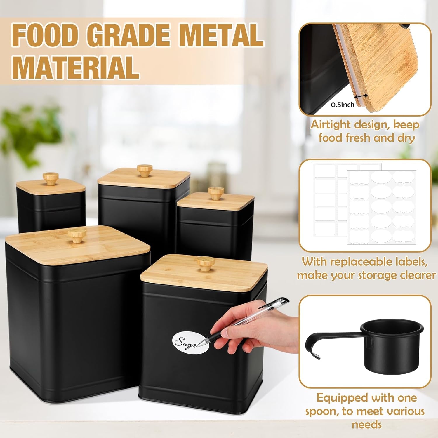 5 Pcs Black Kitchen Canisters for Countertop with Labels Airtight Metal Containers Coffee Tea Sugar Flour Jars with Spoon Farmhouse Big Food Storage Set for Kitchen