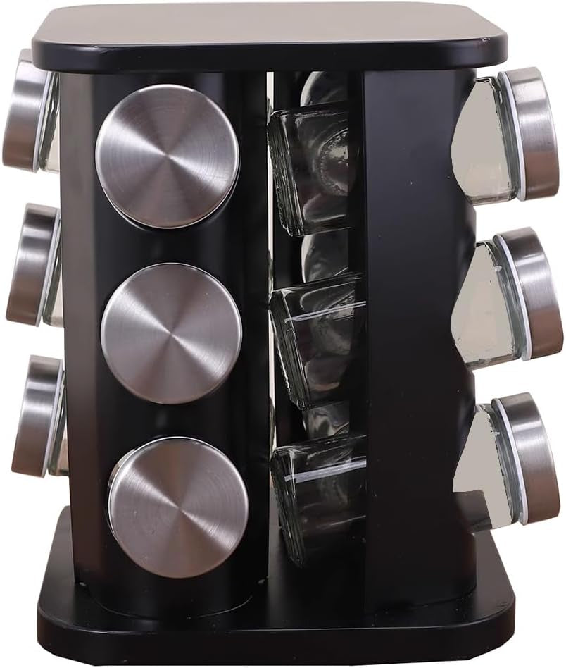 Spice Rack, Spice Rack Organizers for Countertop, Rotating Countertop Spice Rack, Revolving Spice Rack for Kitchen, Kitchen Gadgets, Organizer Rack with Spice Jars (Black, Squarehead_12Jars)