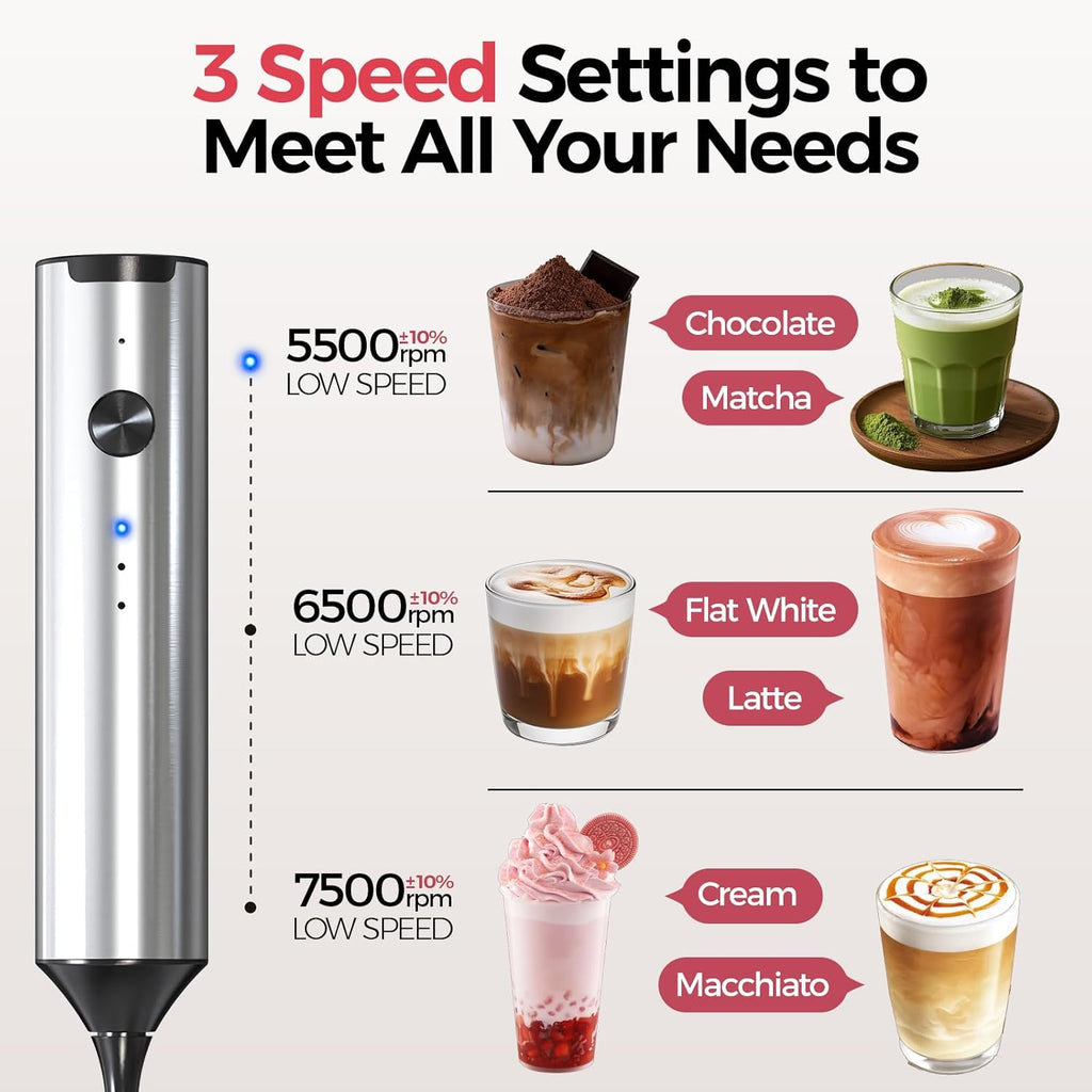 Rechargeable Milk Frother with Stand, Coffee Frother Stirrer Wand, Handheld Drink Mixer with Stainless Steel Whisk, Electric Whisk Foam Maker for Lattes, Cappuccino, Matcha, Protein Powder