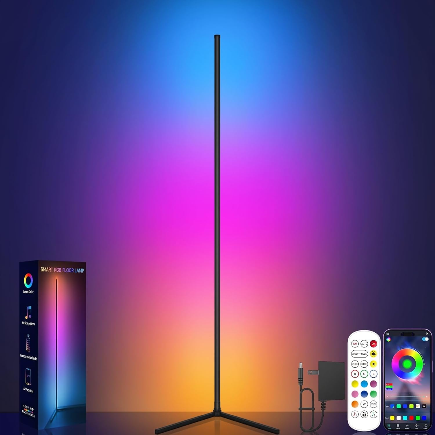 Corner Floor Lamp, RGB LED Corner Lamp with Music Sync, Smart App and Remote Con