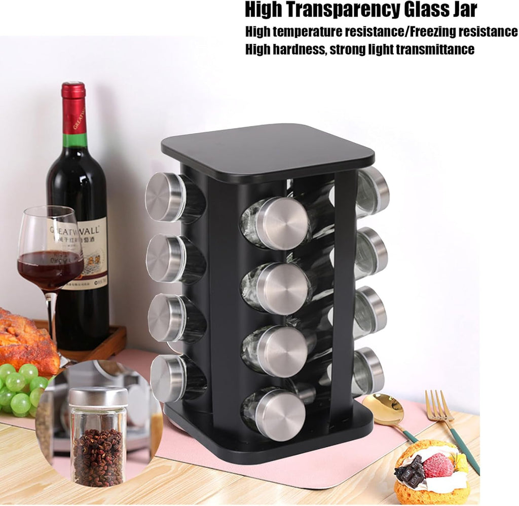 Spice Rack, Spice Rack Organizers for Countertop, Rotating Countertop Spice Rack, Revolving Spice Rack for Kitchen, Kitchen Gadgets, Organizer Rack with Spice Jars (Black, Squarehead_12Jars)