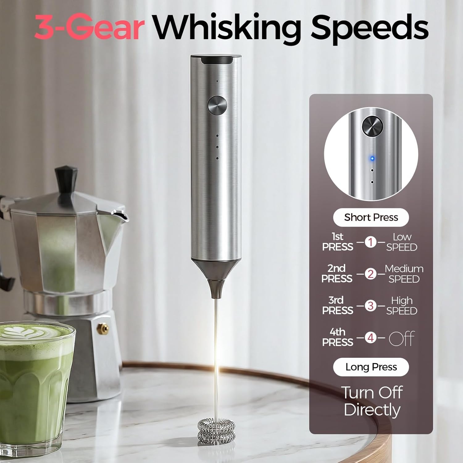 Rechargeable Milk Frother with Stand, Coffee Frother Stirrer Wand, Handheld Drink Mixer with Stainless Steel Whisk, Electric Whisk Foam Maker for Lattes, Cappuccino, Matcha, Protein Powder