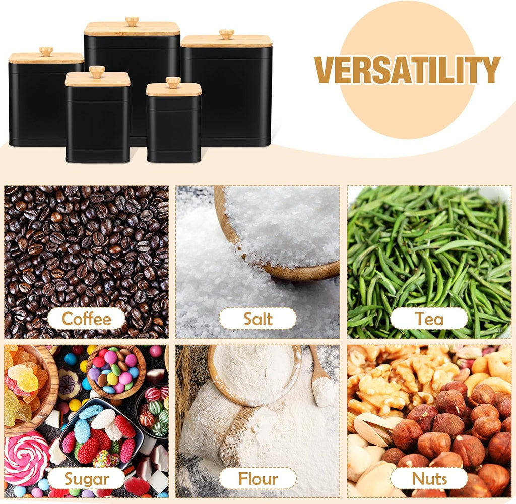 5 Pcs Black Kitchen Canisters for Countertop with Labels Airtight Metal Containers Coffee Tea Sugar Flour Jars with Spoon Farmhouse Big Food Storage Set for Kitchen