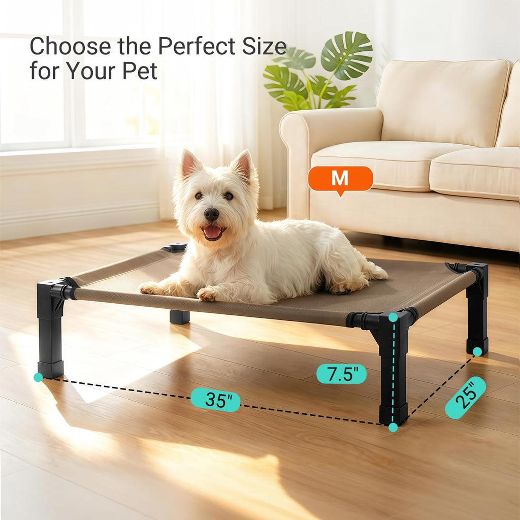 Elevated Outdoor Dog Bed, Cooling Elevated Pet Cot, Steel-Framed and Non-Slip Feet, Raised Dog Bed with Waterproof, Washable, Breathable Teslin Mesh, 35In