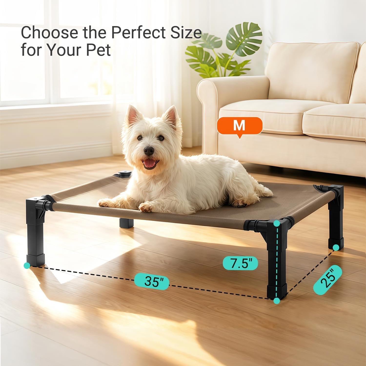 Elevated Outdoor Dog Bed, Cooling Elevated Pet Cot, Steel-Framed and Non-Slip Feet, Raised Dog Bed with Waterproof, Washable, Breathable Teslin Mesh, 35In