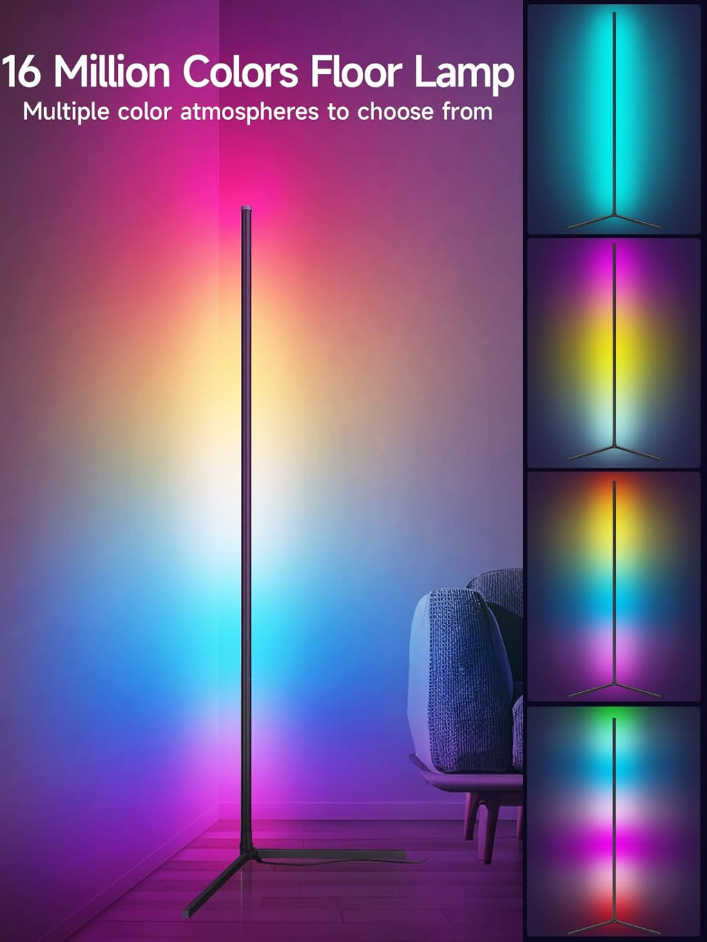 Corner Floor Lamp, RGB LED Corner Lamp with Music Sync, Smart App and Remote Con