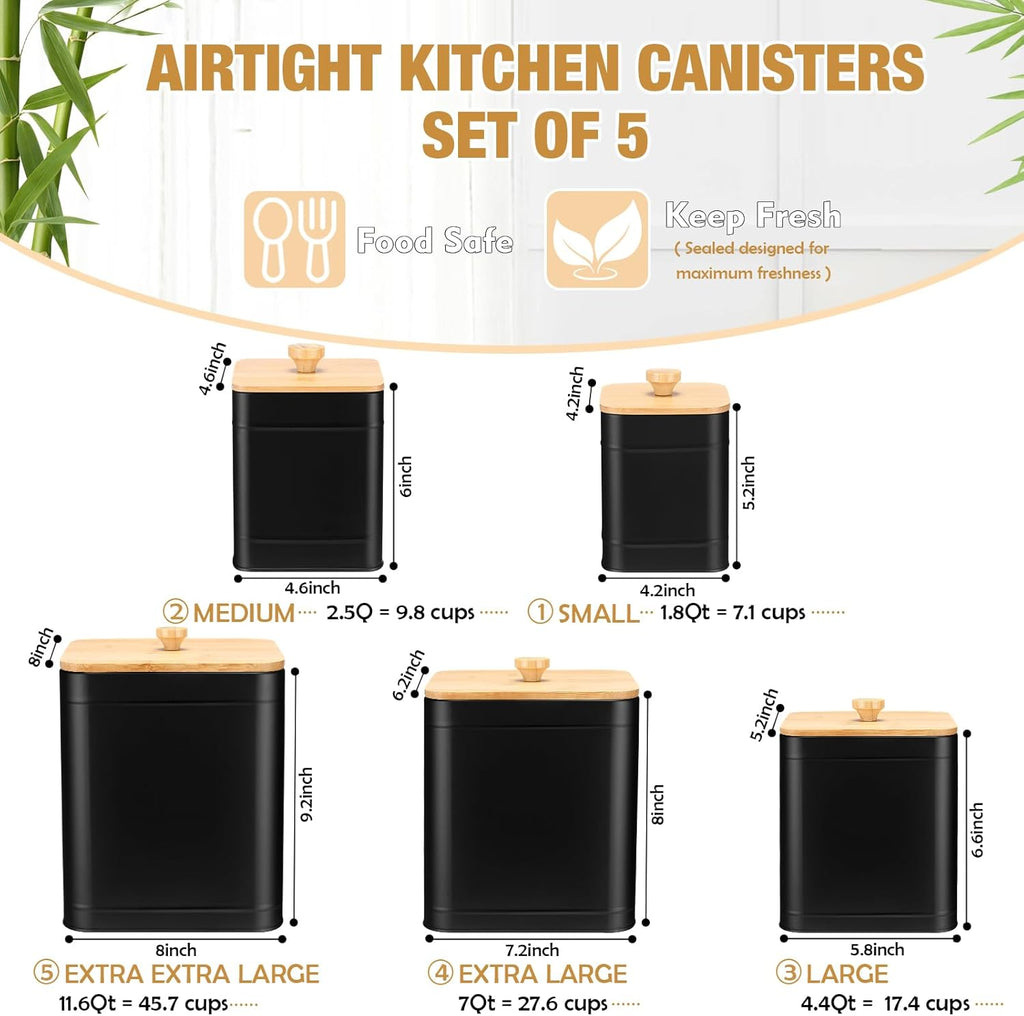 5 Pcs Black Kitchen Canisters for Countertop with Labels Airtight Metal Containers Coffee Tea Sugar Flour Jars with Spoon Farmhouse Big Food Storage Set for Kitchen