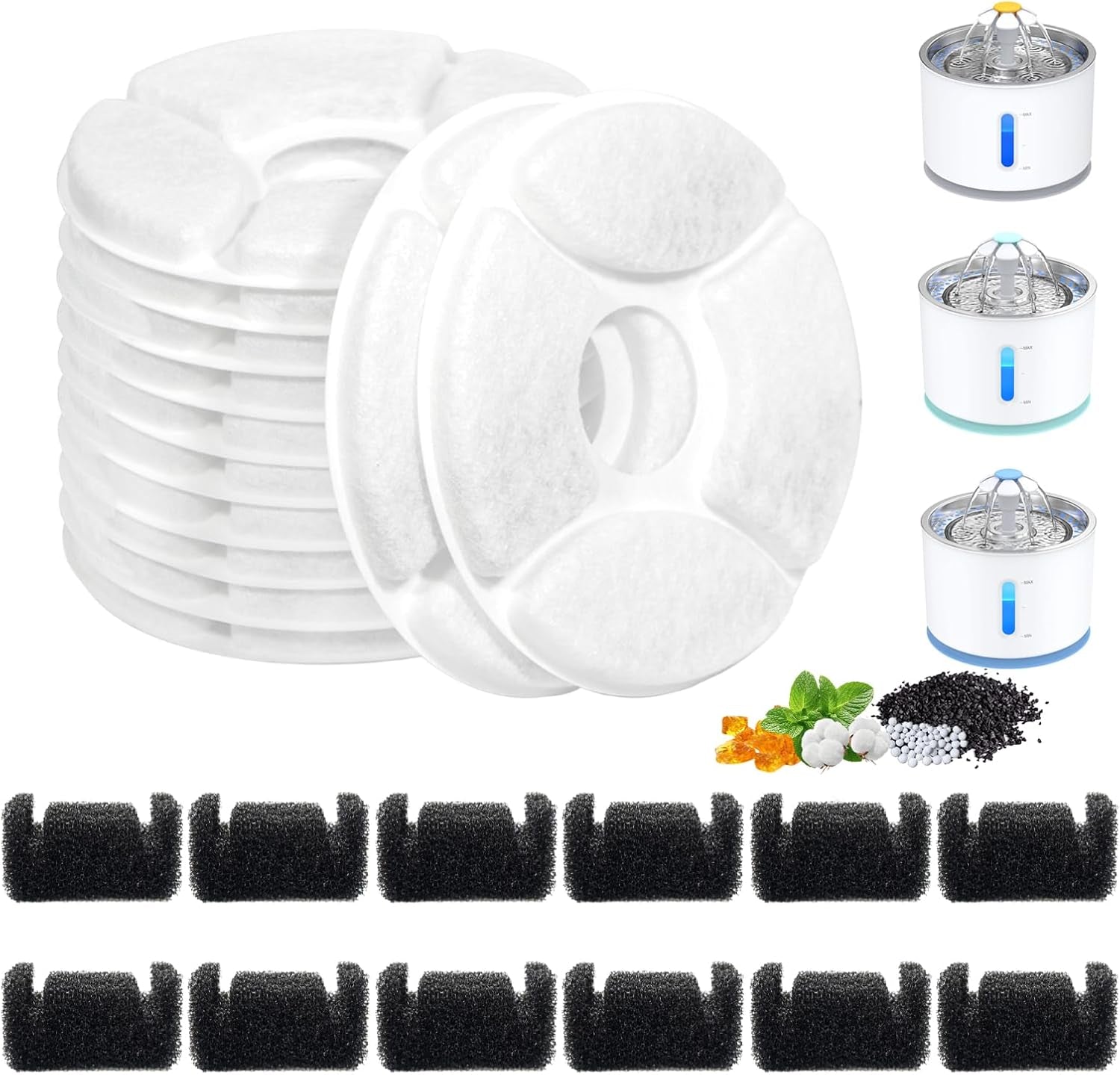 Cat Water Fountain Filters, 24-Pack Filters Replacement for 81Oz/2.4L round Automatic Cat Water Fountain, 5-Layer Filtration Pet Fountain Filter (12 Filters&12 Sponges)