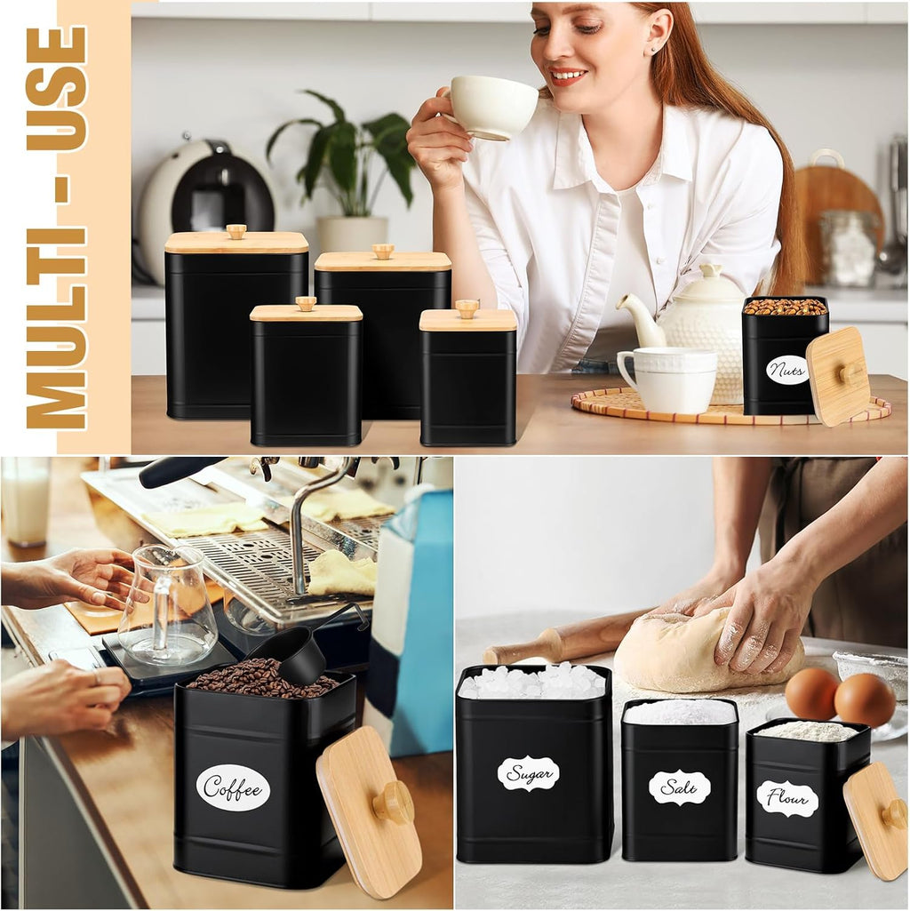 5 Pcs Black Kitchen Canisters for Countertop with Labels Airtight Metal Containers Coffee Tea Sugar Flour Jars with Spoon Farmhouse Big Food Storage Set for Kitchen
