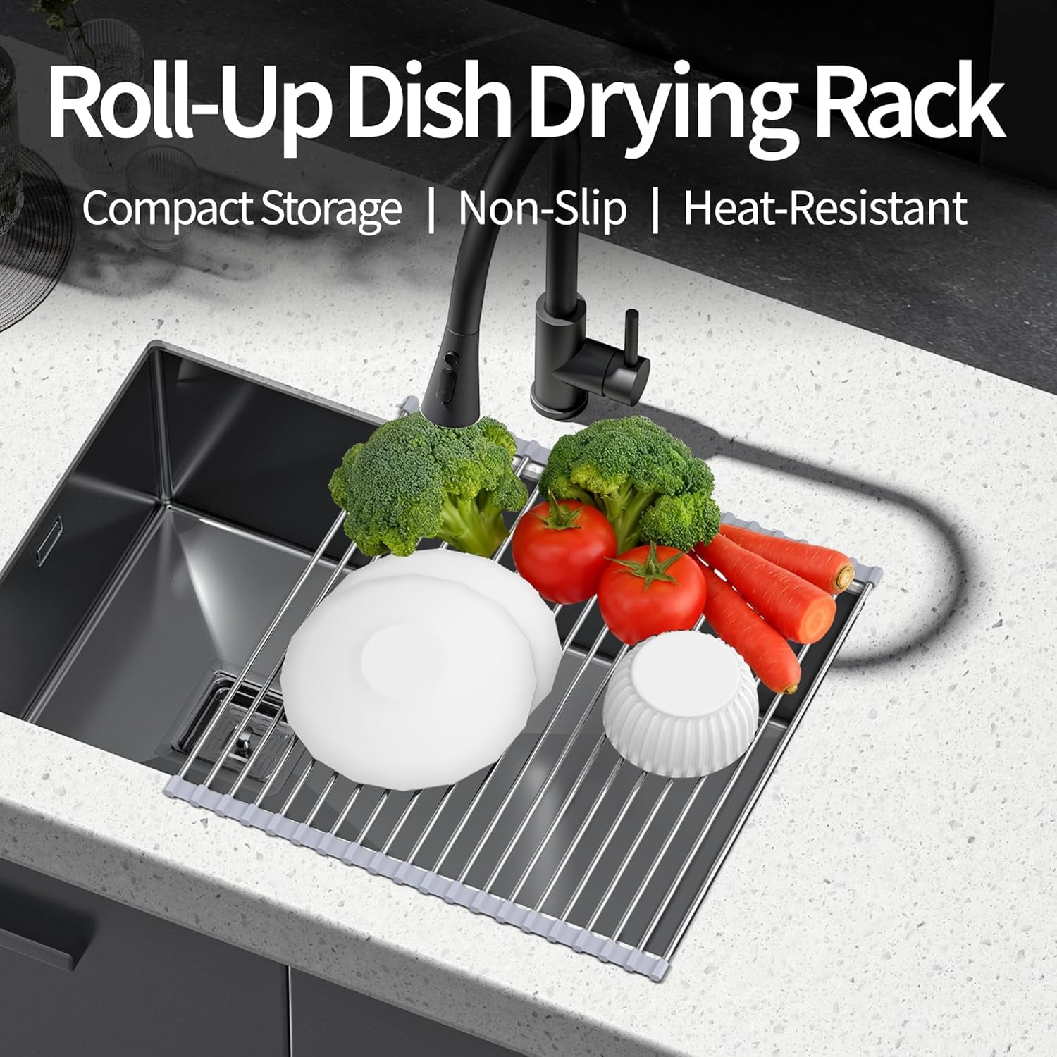 Roll up Dish Drying Rack for Sink, over Sink Dish Rack 17 X 15.7 Inch, Silicone Stainless Steel Dish Drainer for Kitchen Counter, BPA Free Utensil Drying Rack, Gray