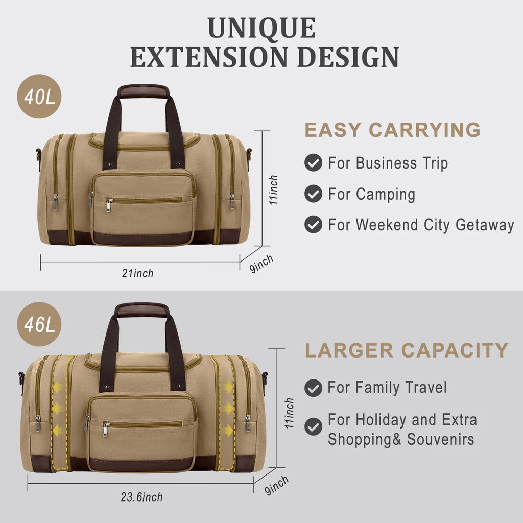 Duffle Bag for Travel Bag 46L Large Expendable Duffle Bags for Men Weekender Bag with Trolly Sleeve for Business Trip Travel Camp Gym, Khaki