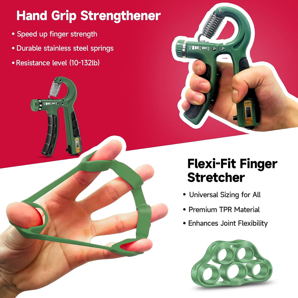 Hand Grip Strengthener Workout Kit (5 Pack), 2 Forearm Grip Adjustable Resistance Hand Gripper, Finger Stretcher, Grip Ring & Stress Relief Grip Ball for Athletes