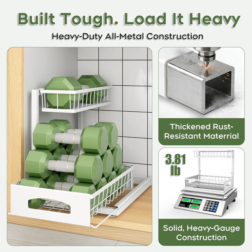 Under Sink Organizer, 2 Pack Cabinet Organizer for Kitchen, Height Adjustable Pull Out Heavy Duty 2 Tier Metal under Sink Storage for Bathroom Pantry (White, 2 Pack)