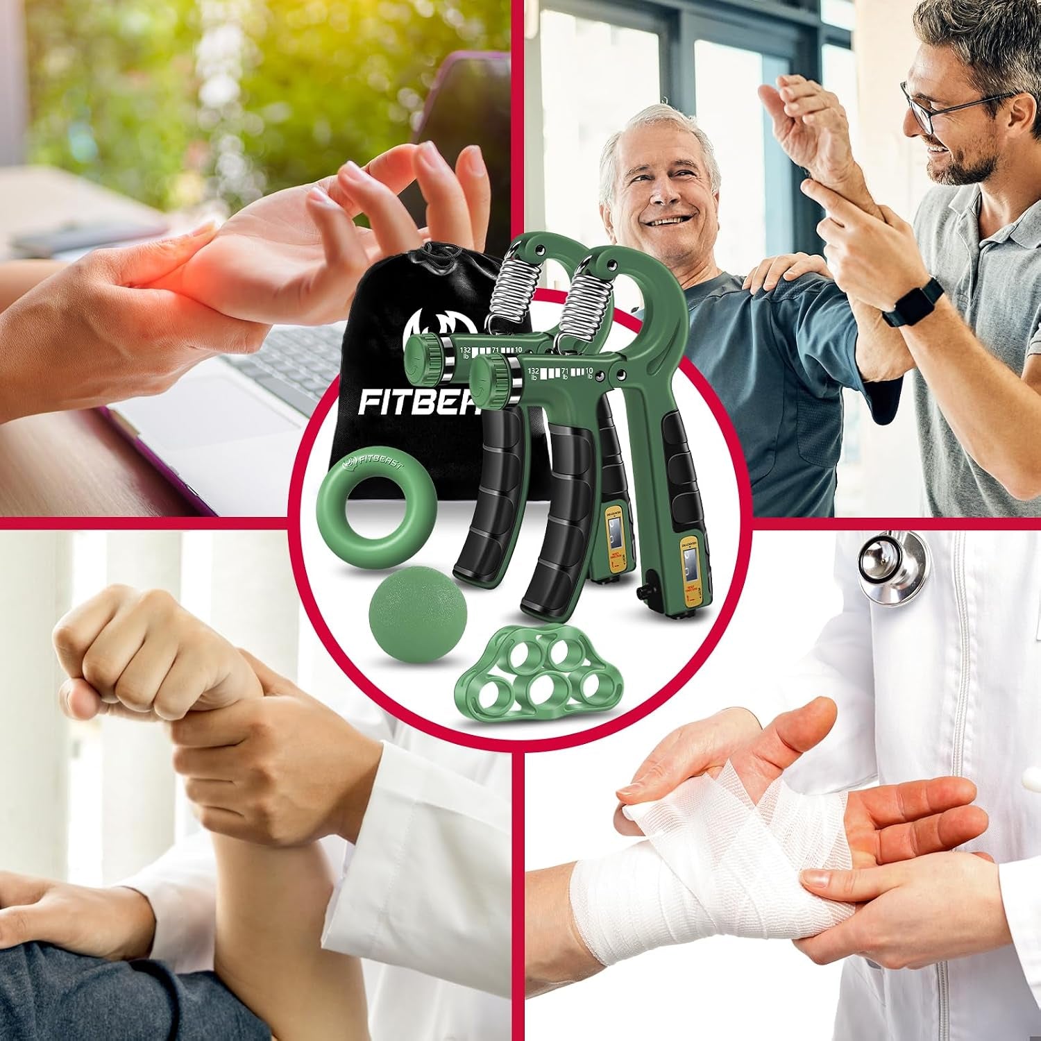 Hand Grip Strengthener Workout Kit (5 Pack), 2 Forearm Grip Adjustable Resistance Hand Gripper, Finger Stretcher, Grip Ring & Stress Relief Grip Ball for Athletes