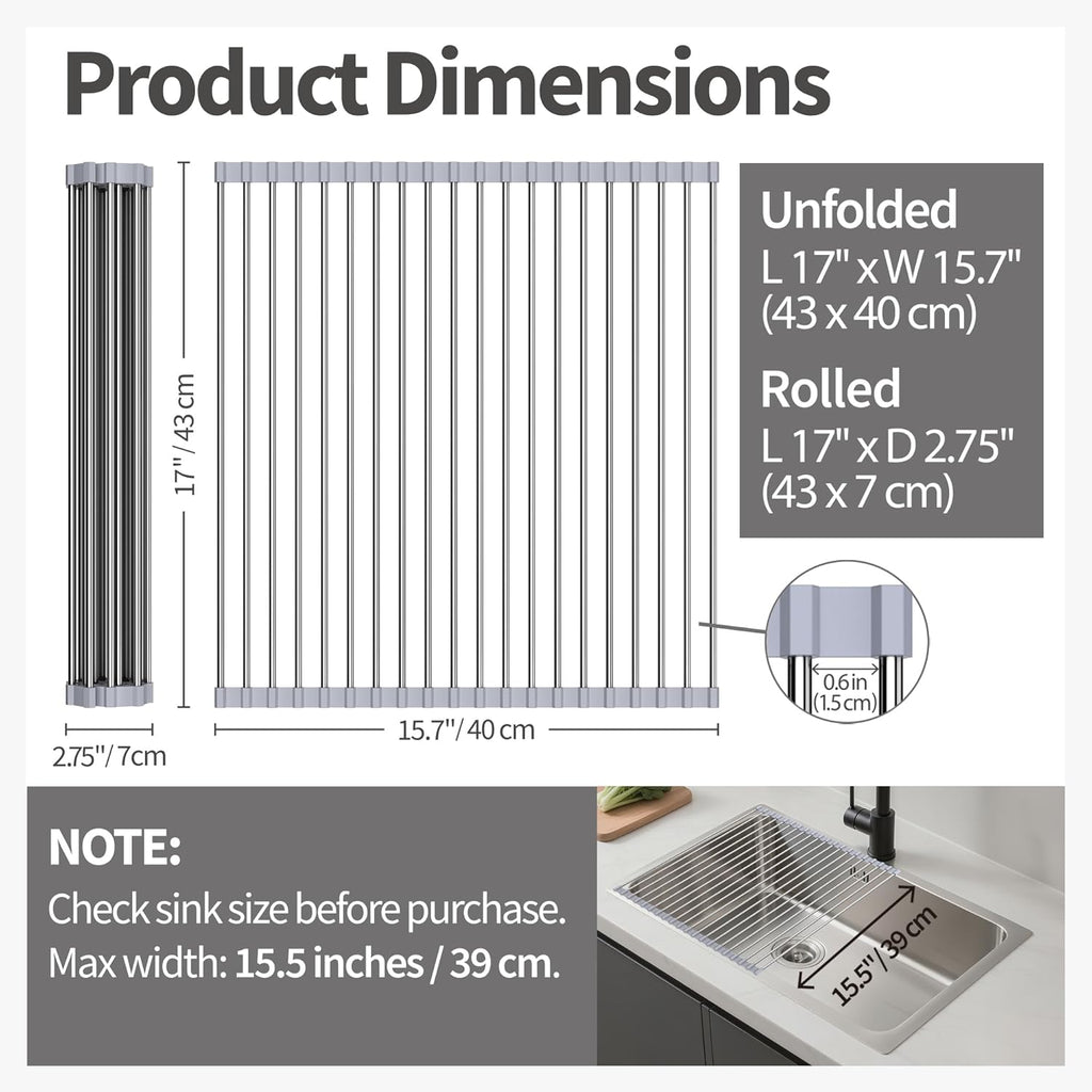 Roll up Dish Drying Rack for Sink, over Sink Dish Rack 17 X 15.7 Inch, Silicone Stainless Steel Dish Drainer for Kitchen Counter, BPA Free Utensil Drying Rack, Gray