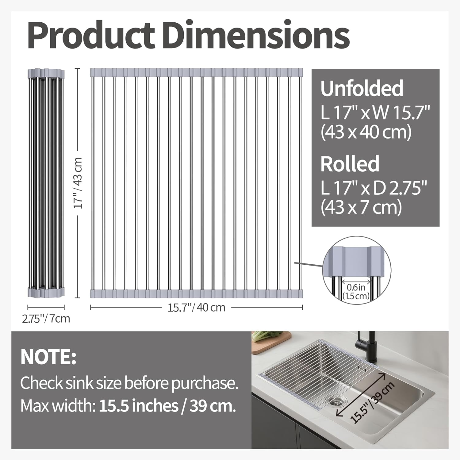 Roll up Dish Drying Rack for Sink, over Sink Dish Rack 17 X 15.7 Inch, Silicone Stainless Steel Dish Drainer for Kitchen Counter, BPA Free Utensil Drying Rack, Gray