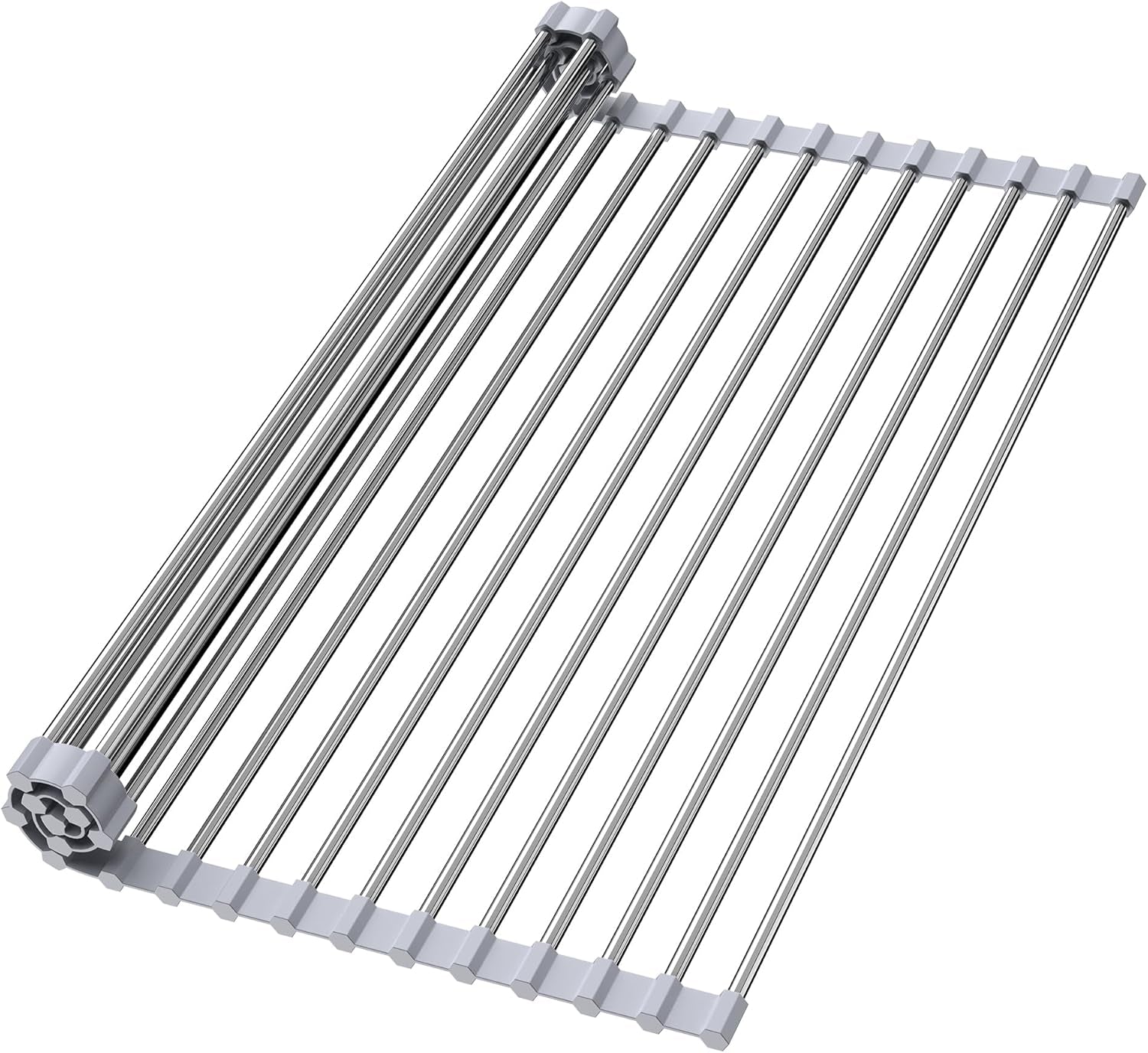 Roll up Dish Drying Rack for Sink, over Sink Dish Rack 17 X 15.7 Inch, Silicone Stainless Steel Dish Drainer for Kitchen Counter, BPA Free Utensil Drying Rack, Gray