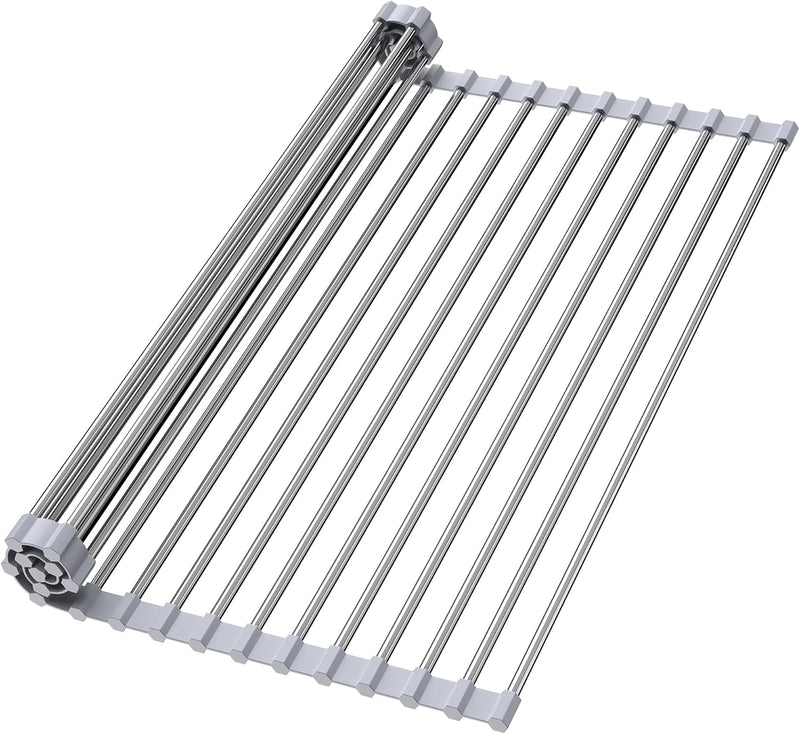 Roll up Dish Drying Rack for Sink, over Sink Dish Rack 17 X 15.7 Inch, Silicone Stainless Steel Dish Drainer for Kitchen Counter, BPA Free Utensil Drying Rack, Gray