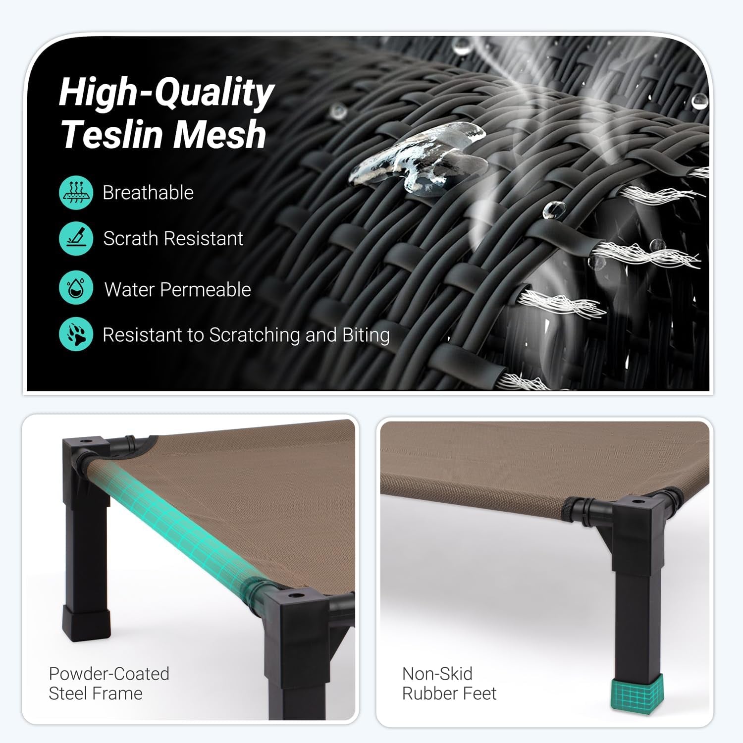 Elevated Outdoor Dog Bed, Cooling Elevated Pet Cot, Steel-Framed and Non-Slip Feet, Raised Dog Bed with Waterproof, Washable, Breathable Teslin Mesh, 35In