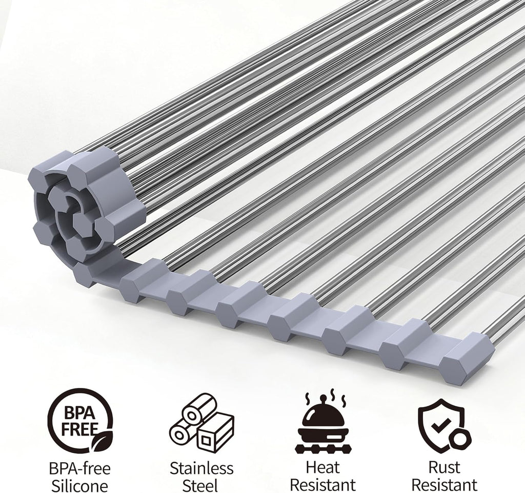Roll up Dish Drying Rack for Sink, over Sink Dish Rack 17 X 15.7 Inch, Silicone Stainless Steel Dish Drainer for Kitchen Counter, BPA Free Utensil Drying Rack, Gray
