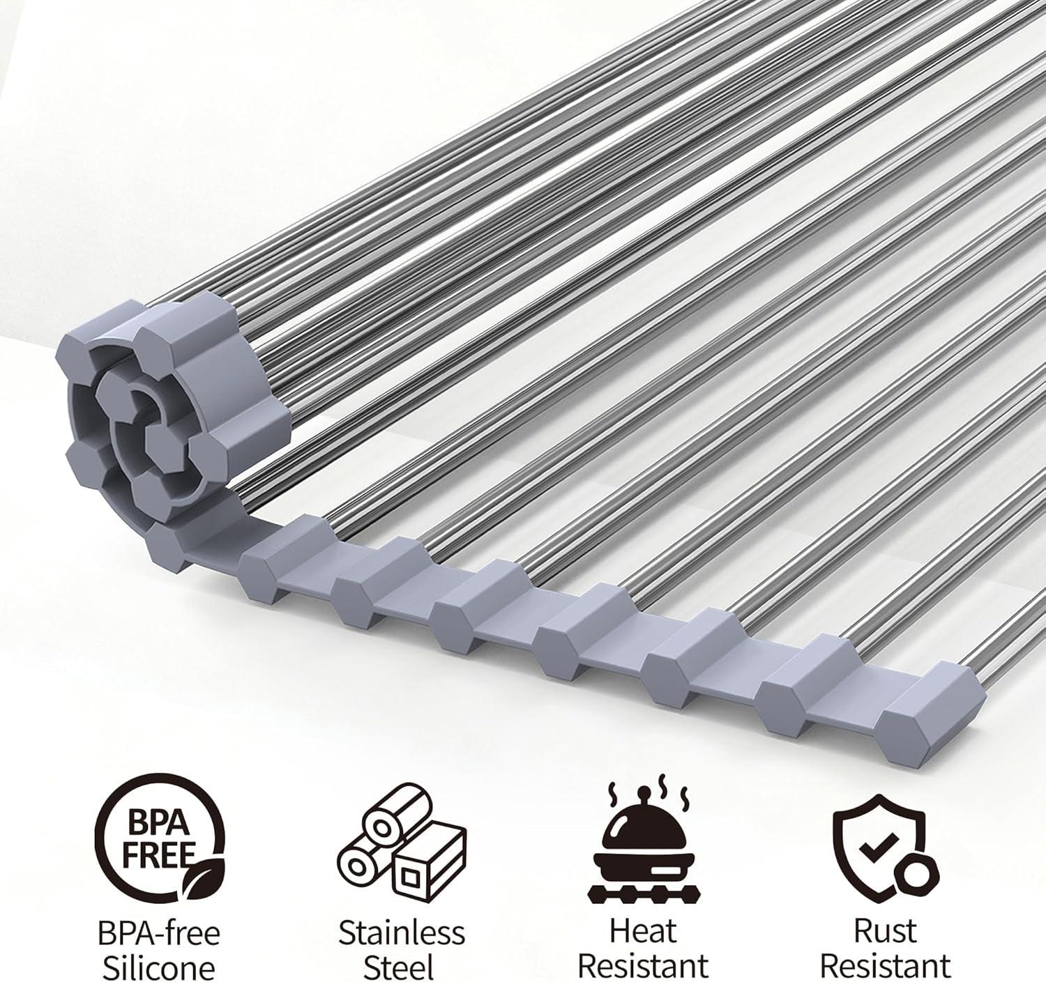 Roll up Dish Drying Rack for Sink, over Sink Dish Rack 17 X 15.7 Inch, Silicone Stainless Steel Dish Drainer for Kitchen Counter, BPA Free Utensil Drying Rack, Gray