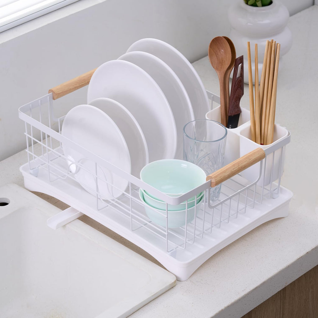 Dish Drainer Rack - Plate, Cutlery, Pots, and Pans Drying Rack for Kitchen with Beechwood Handles - Modern Retro Design Drip Tray with Metal Rack - White
