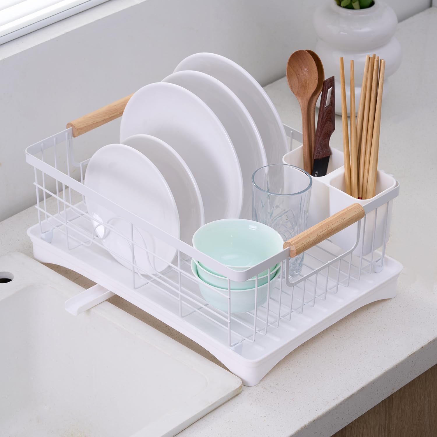 Dish Drainer Rack - Plate, Cutlery, Pots, and Pans Drying Rack for Kitchen with Beechwood Handles - Modern Retro Design Drip Tray with Metal Rack - White