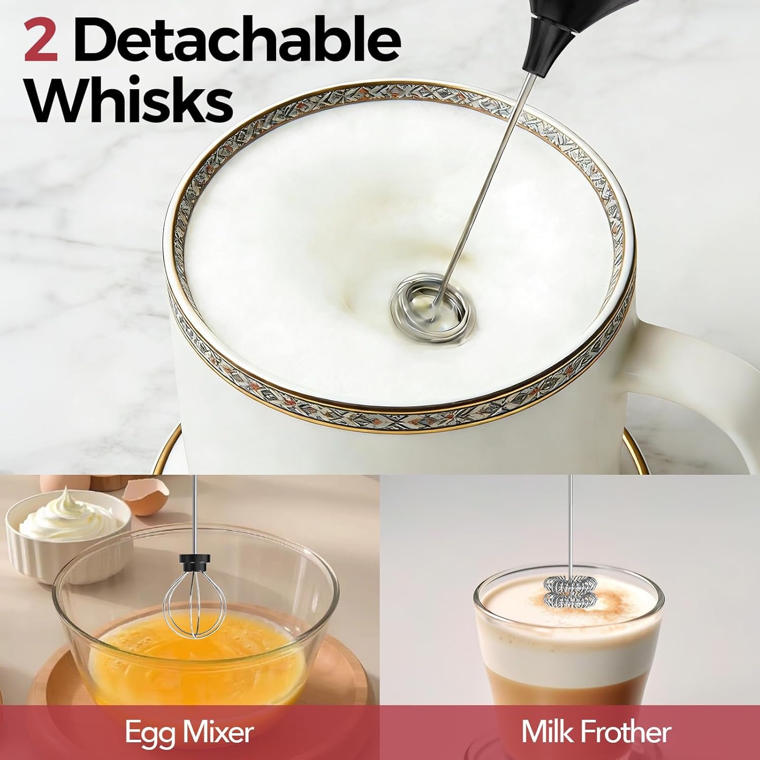 Rechargeable Milk Frother with Stand, Coffee Frother Stirrer Wand, Handheld Drink Mixer with Stainless Steel Whisk, Electric Whisk Foam Maker for Lattes, Cappuccino, Matcha, Protein Powder