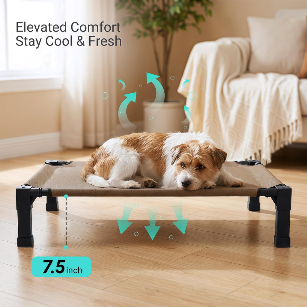 Elevated Outdoor Dog Bed, Cooling Elevated Pet Cot, Steel-Framed and Non-Slip Feet, Raised Dog Bed with Waterproof, Washable, Breathable Teslin Mesh, 35In
