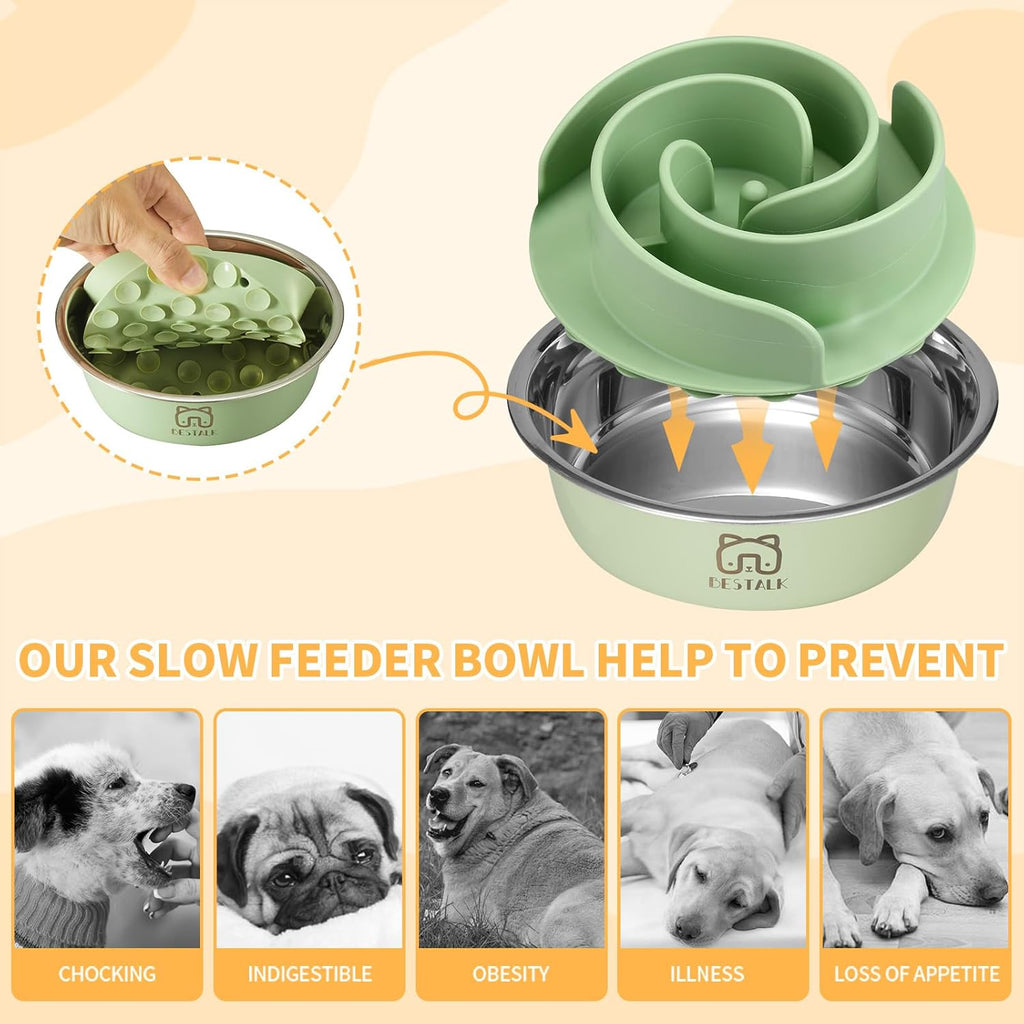 2-In-1 Metal Slow Feeder Dog Bowl,  Stainless Steel Dog Bowls with Silicone Slow Feeder Insert, Food Grade 304 Water Food Bowl with Anti-Slip Base for Small, Medium, Large Dogs