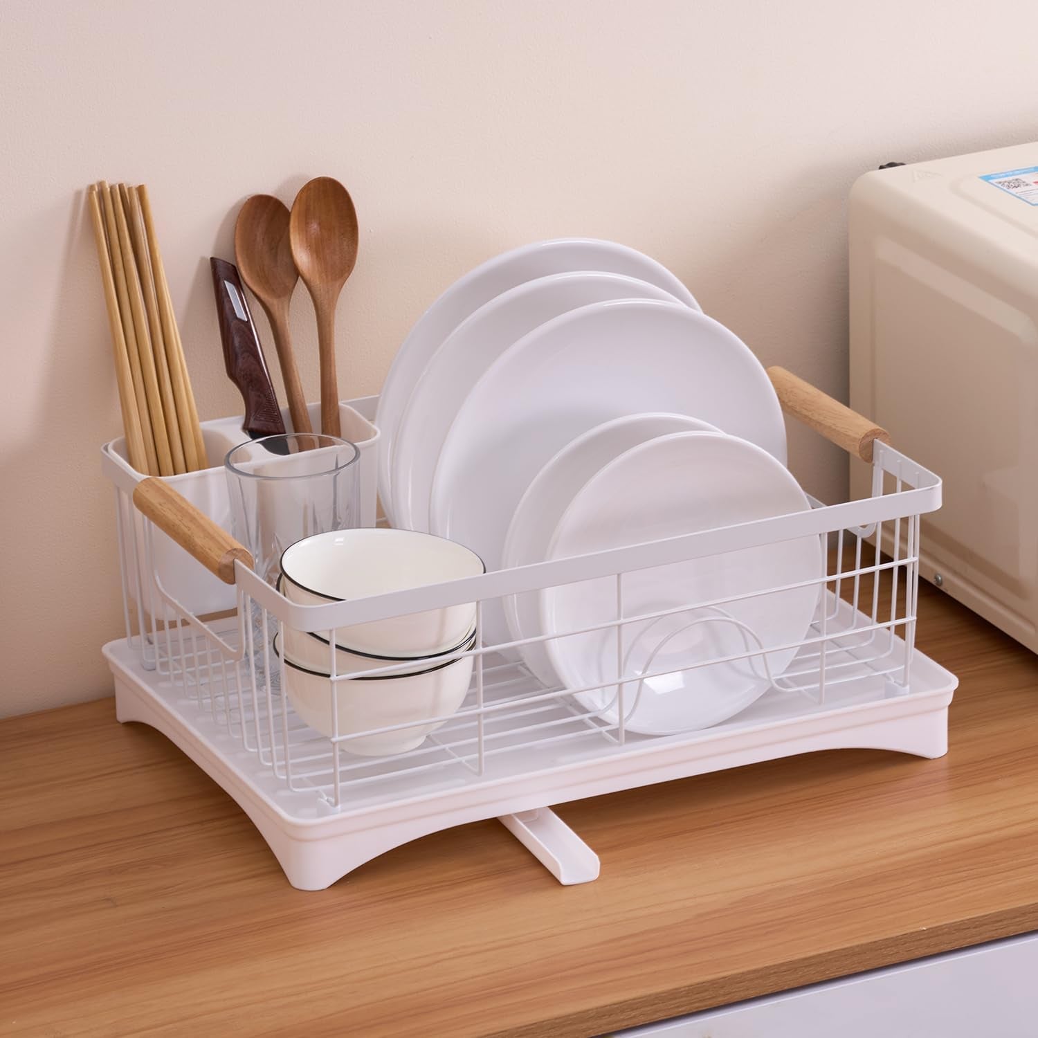 Dish Drainer Rack - Plate, Cutlery, Pots, and Pans Drying Rack for Kitchen with Beechwood Handles - Modern Retro Design Drip Tray with Metal Rack - White