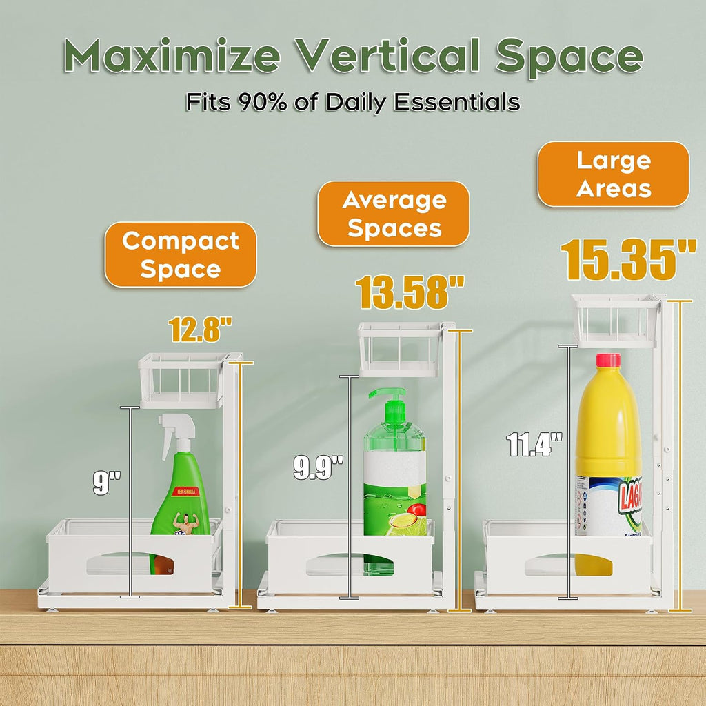 Under Sink Organizer, 2 Pack Cabinet Organizer for Kitchen, Height Adjustable Pull Out Heavy Duty 2 Tier Metal under Sink Storage for Bathroom Pantry (White, 2 Pack)