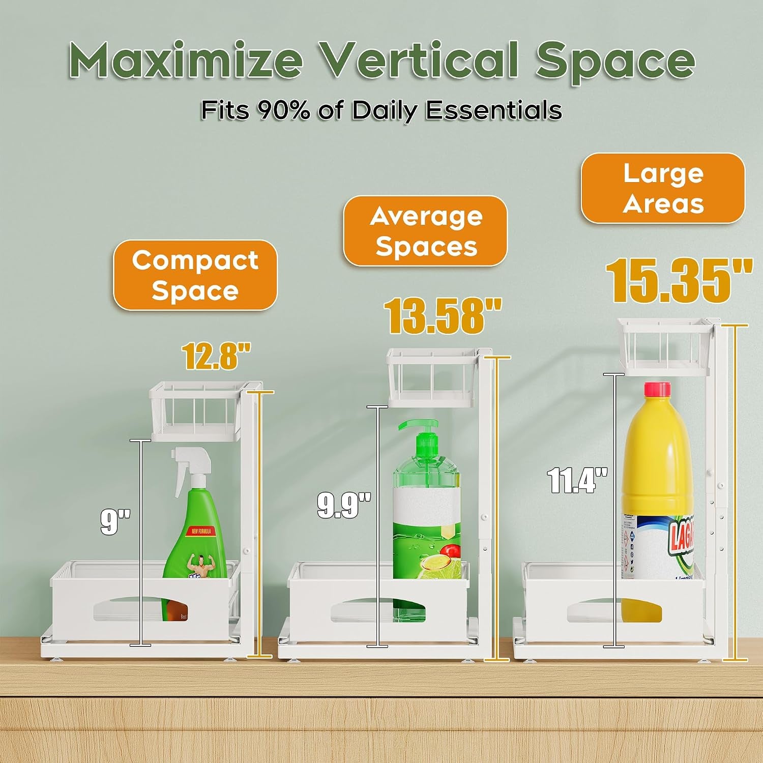 Under Sink Organizer, 2 Pack Cabinet Organizer for Kitchen, Height Adjustable Pull Out Heavy Duty 2 Tier Metal under Sink Storage for Bathroom Pantry (White, 2 Pack)