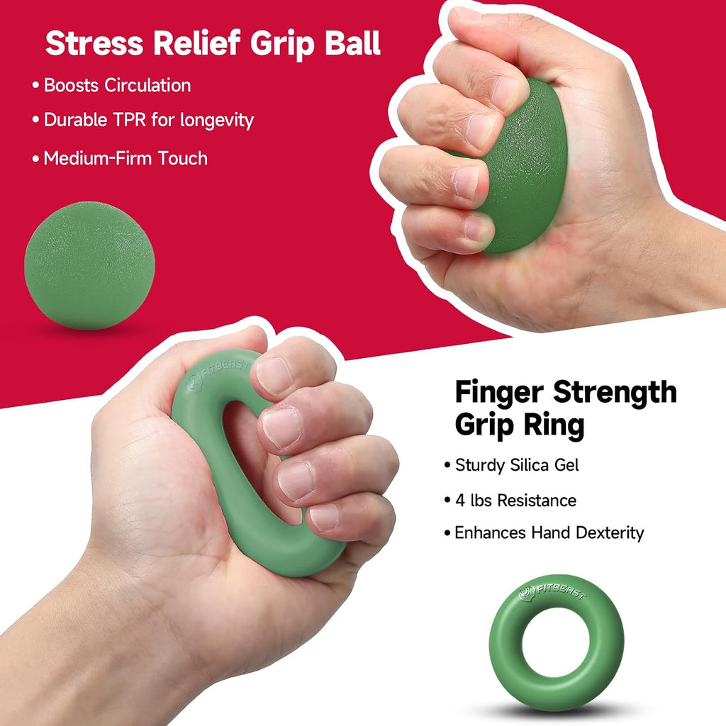 Hand Grip Strengthener Workout Kit (5 Pack), 2 Forearm Grip Adjustable Resistance Hand Gripper, Finger Stretcher, Grip Ring & Stress Relief Grip Ball for Athletes