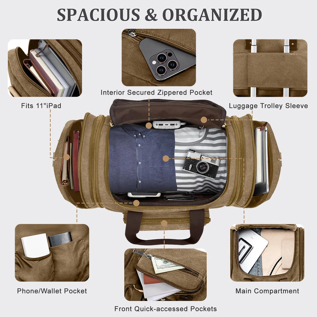 Duffle Bag for Travel Bag 46L Large Expendable Duffle Bags for Men Weekender Bag with Trolly Sleeve for Business Trip Travel Camp Gym, Khaki